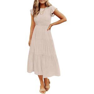 Women's Apricot Summer Casual‎ Flutter Short Sleeve Crew Neck Smocked Maxi Dress